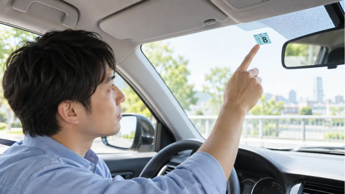 車内で車検ステッカーを確認するドライバー