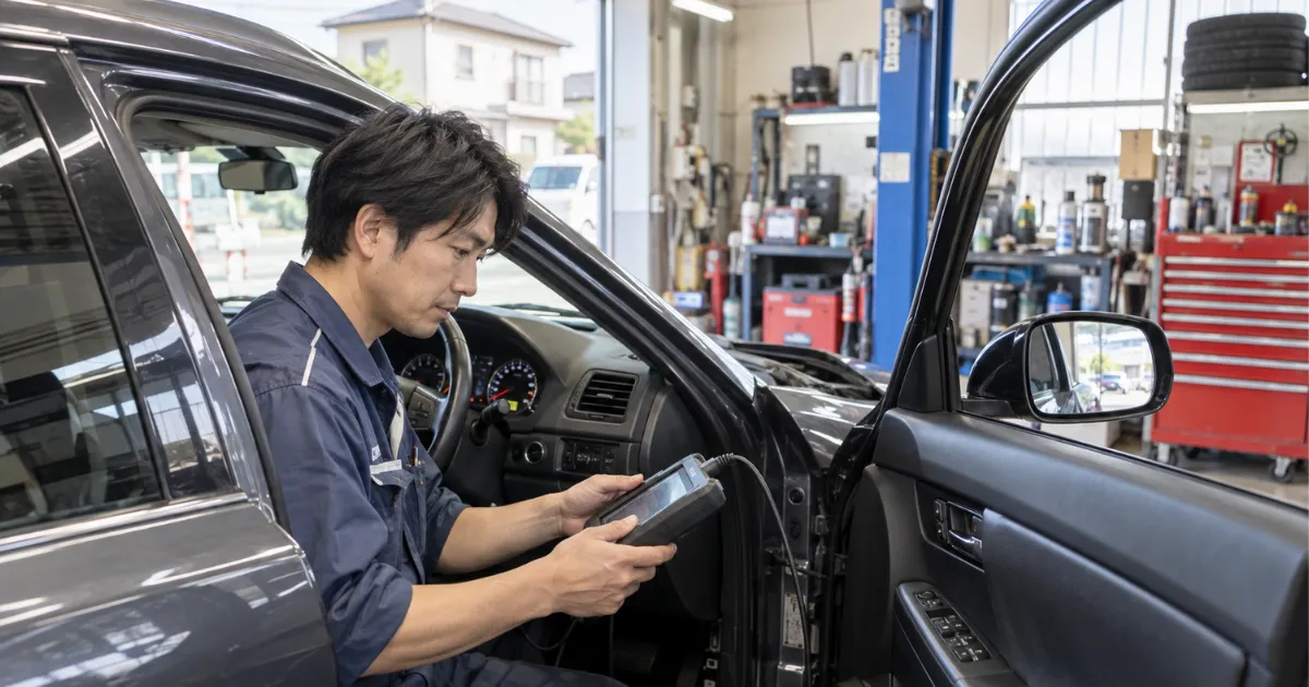 整備工場で車の故障診断を行う整備士
