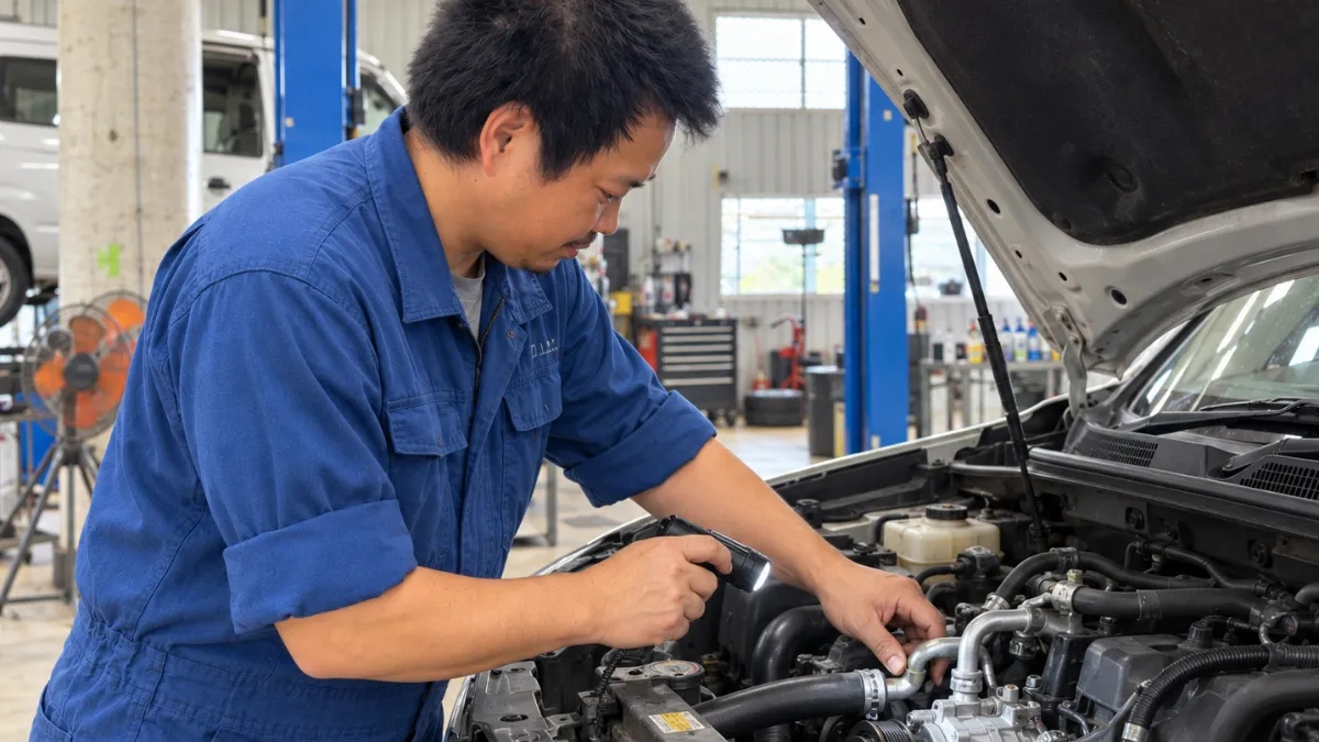 整備工場で車検点検を行う整備士