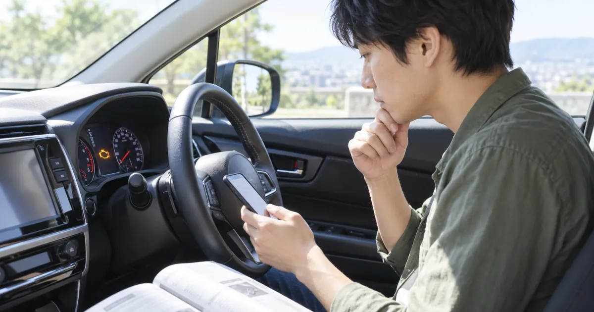 安全な場所に停車して車の警告灯を確認するドライバー
