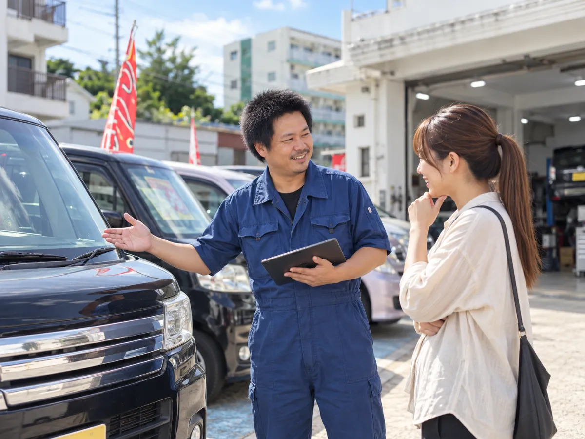 希望する中古車についてスタッフと相談する様子