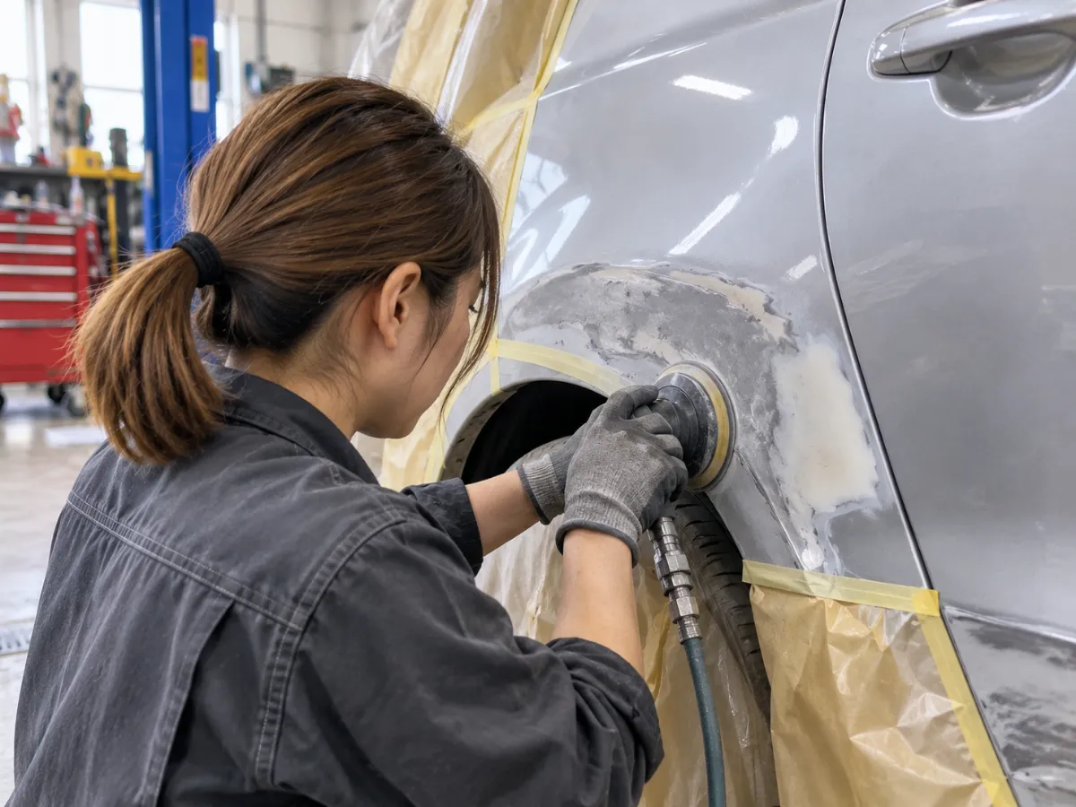 車の板金修理作業を行う様子