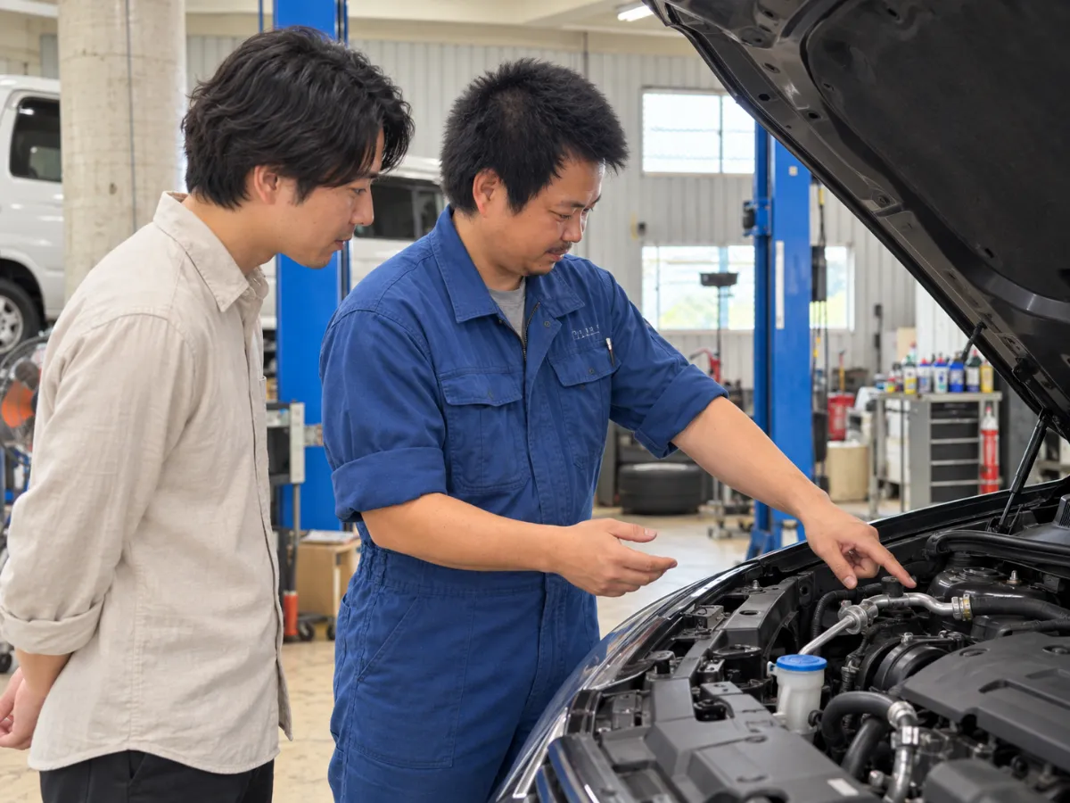 整備工場でカーエアコンについて確認する様子
