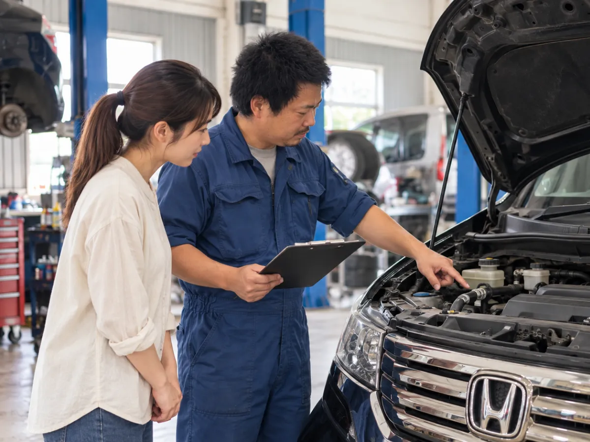 車の状態を確認しながらお客様に説明する様子