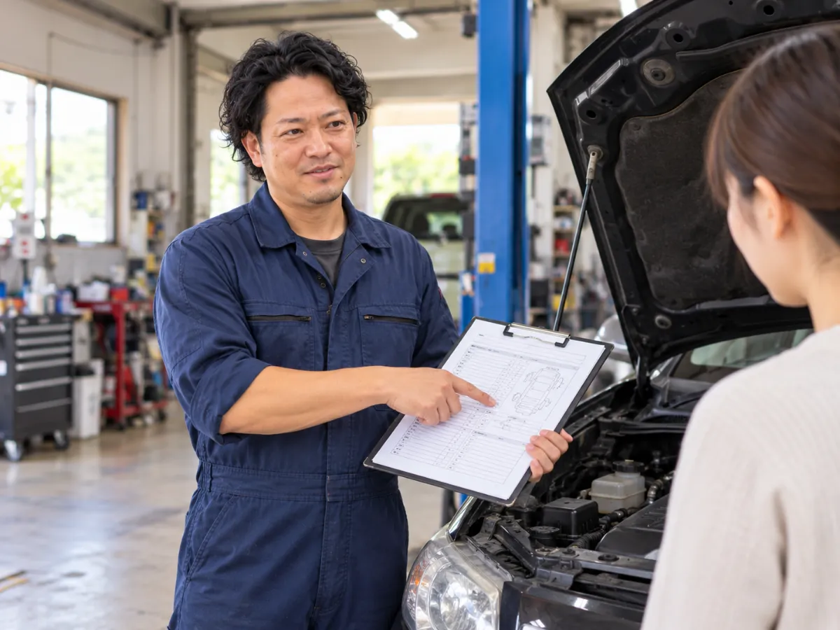 車検内容と料金について説明するカーメンテナンス沖縄のスタッフ