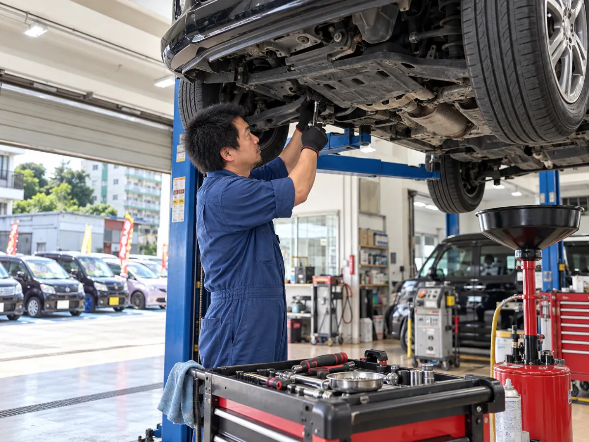 中古車購入後の車両を点検する整備士